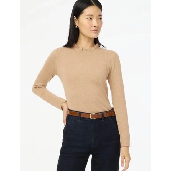 J.Crew Cotton Ruffleneck Sweater Classic Preppy Minimalist Beige Tan Medium NWT - Picture 1 of 11